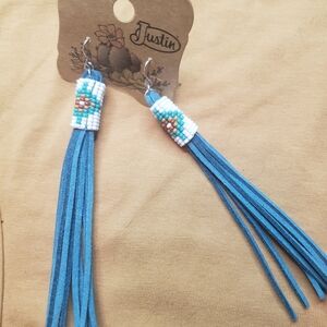 Justin Beaded Blue Leather Tassel Earrings